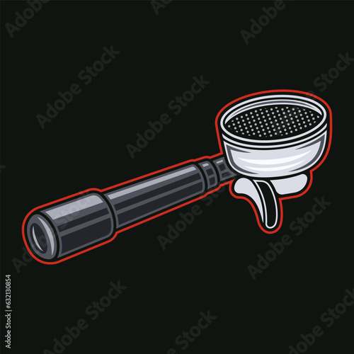 Portafilter, espresso machine part vector illustration in colored style on dark background