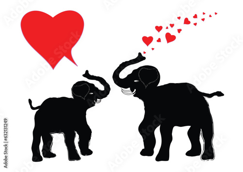 Enamored courtship of a pair of elephants. Silhouettes of a couple of elephants in love with red hearts and an empty speech bubble.