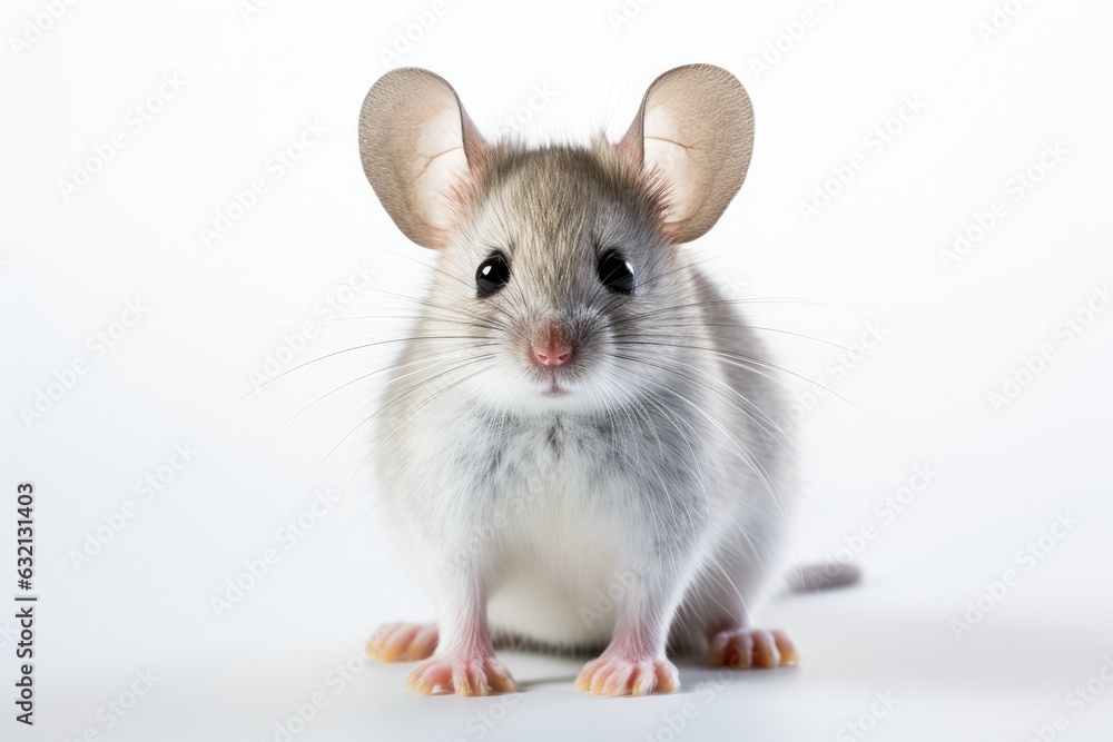 Gray common house mouse with big ears, isolated on white background. Looking at camera.