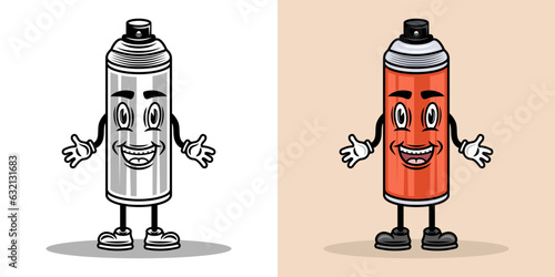 Paint spray can cartoon character with hands and legs. Vector illustration in two styles black on white and colorful