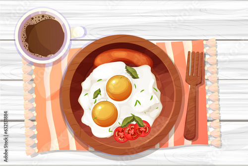 Brakfast with coffee Egg and tomatos and sauseges fried on wooden plate, kitchen table top view decorated with tablecloth in cartoon style. Morning food