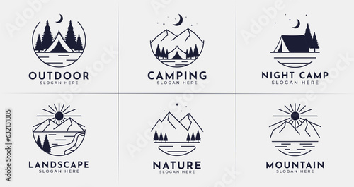 Set of outdoor logo design. Camping symbol with line and minimal style