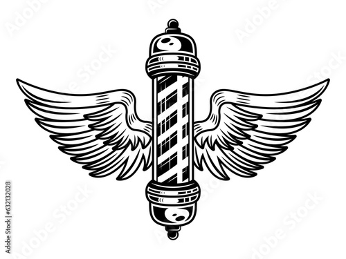 Barber pole with wings tattoo style object in vintage monochrome style isolated on white background vector illustration
