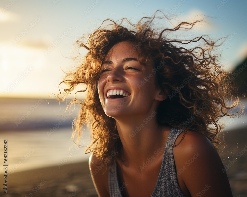Woman smiling at the beach at sunset, AI generative Woman smiling at the beach at sunset, AI generative