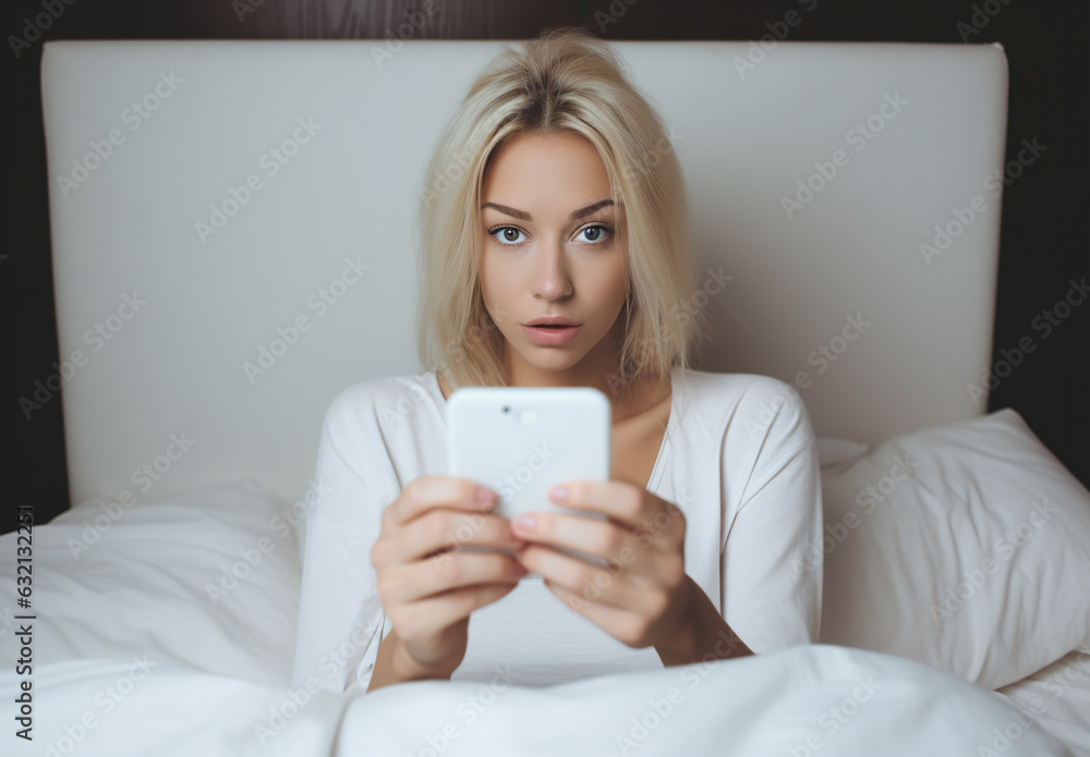 girl at home lying on the bed uses a smartphone girl at home lying on the bed uses a smartphone