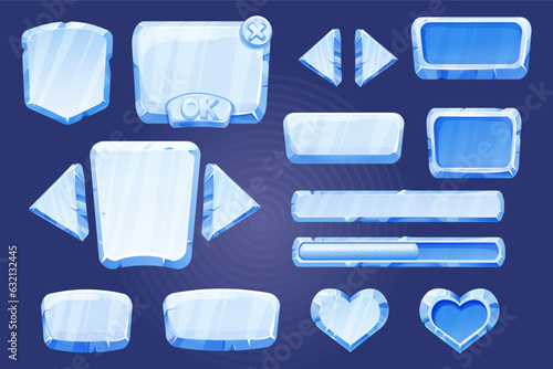 Set game menu assets ice buttons, interface elements 2d in cartoon style isolated. Blocks, shapes frozen gui panels, sliders, arrows.