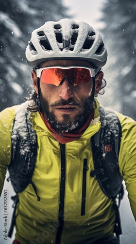 Winter portrait of a cyclist in the snowy season. Generative AI © ColdFire