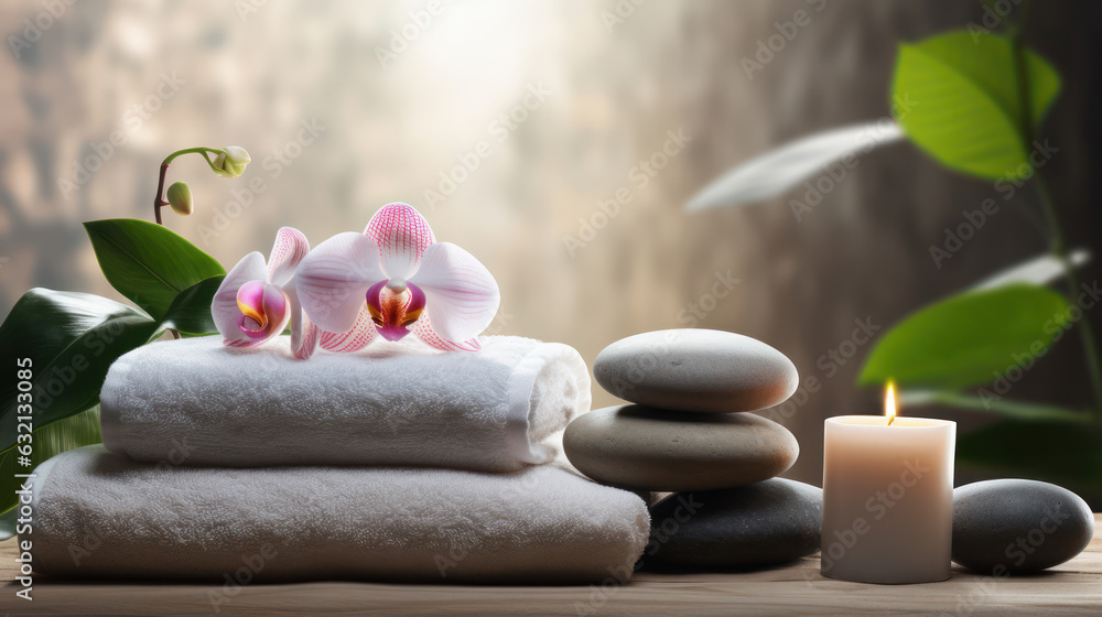 Composition with towels, flowers and stones on massage table in spa salon.