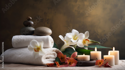 Composition with towels, flowers and stones on massage table in spa salon.