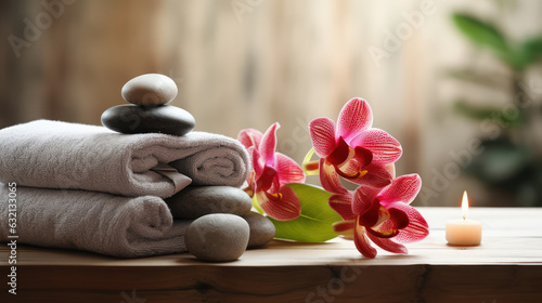 Composition with towels  flowers and stones on massage table in spa salon.
