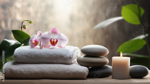 Composition with towels  flowers and stones on massage table in spa salon.