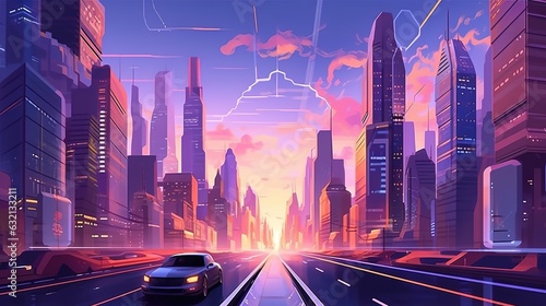 Futuristic cityscape with buildings and flying spaceships.