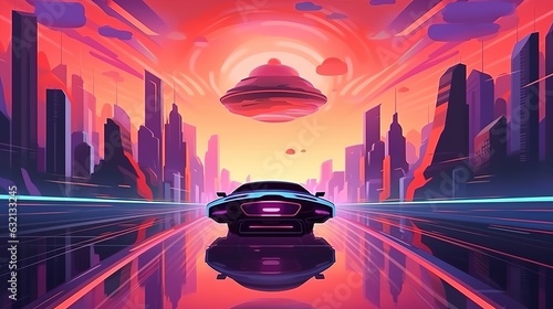 Futuristic cityscape with buildings and flying spaceships.