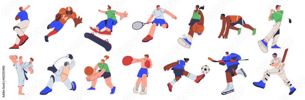 Professional sports people training and working out. Football and basketball, volleyball and tennis, flat cartoon vector illustration set. Martial art and rugby, cricket and running racer