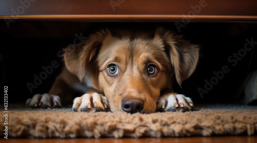 Puppy hiding under the bed with fear face