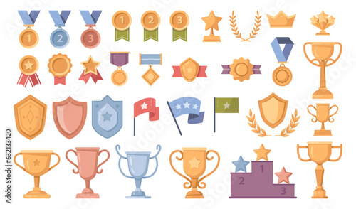 Set of trophy or awards for winners isolated. Golden, silver and bronze medals, cups and badges vector flat cartoon illustration. Championship and triumph symbols of success