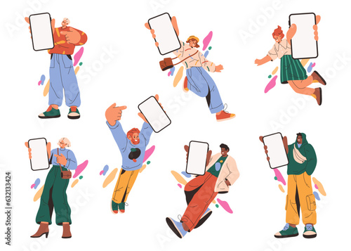 People showing smartphones with blank screens, flat cartoon vector illustration set. Isolated men and women with mobile phones with blank monitors, mockups for advertising or copy space