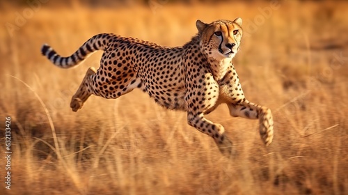 A swift cheetah, sprinting across the African plains in pursuit of its prey, with blurred motion, dust rising behind it, and the awe-inspiring landscape stretching to the horizon.