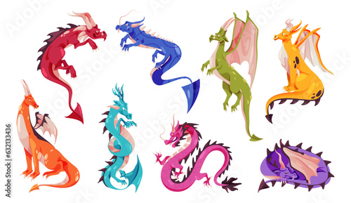 Fairy tale dragons, magic creature with tail and wings. Vector fantasy flying beasts, prehistoric animals cartoon characters. Fire breathing monsters from medieval mythology