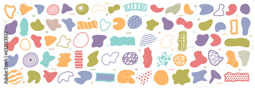 Abstract liquid organic shape blob, random blotch or inkblot flat cartoon set. Blobs and fleck graphic, drop of liquid, fluid. Ink stain, mottle spot irregular shape. Basic and smooth forms