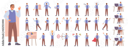 Man working in office and presentation in various action flat cartoon vector illustration set. Person happy at workplace, businessman entrepreneur works at computer, corporate manager or director