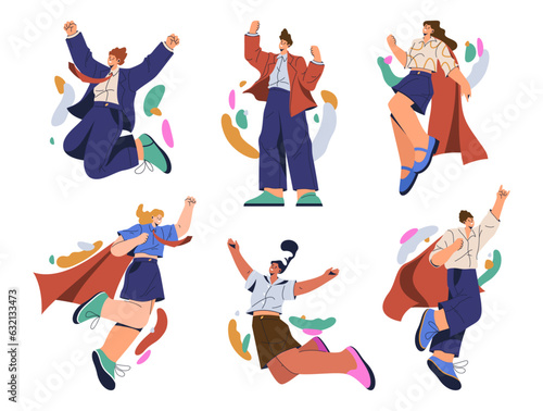 Happy business people cheering and celebrating achievement, flat cartoon vector illustration set. Isolated successful men and women in suits, excited and content employees and managers
