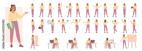 Woman working in office, businesswoman entrepreneur works at computer, making presentation and research, flat cartoon vector character. Girl corporate manager or director in different poses