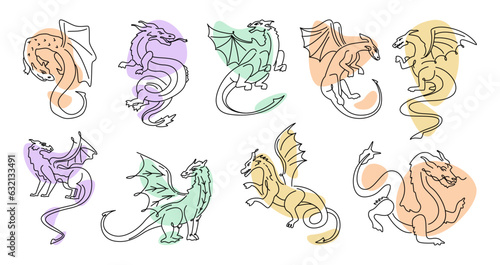Chinese dragon hand drawn animal fire breathing, hand drawn vector illustration sketches. Vector classical China animals drawing, outline asian dragons with wings