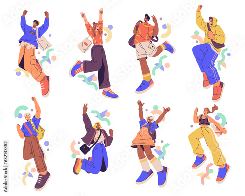 Fashionable students wearing modern clothes, flat cartoon vector illustration set. Isolated men and women in cool apparel and outfits, clothing and accessories bags and stylish footwear