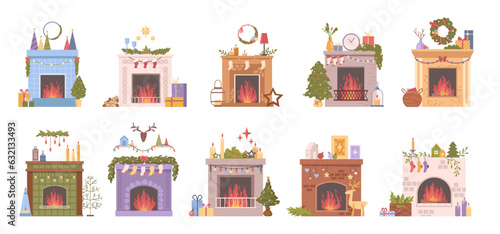 Christmas fireplaces set, flat cartoon vector illustration. Home fire places with socks, stockings, gifts, candles Xmas decoration. Warm cozy winter holiday decor with mantelpieces, firewoods