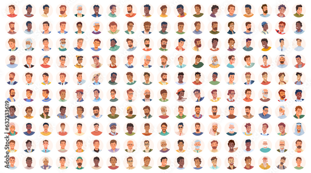 Portrait avatar icon men, big set of user faces. People profile userpics flat cartoon vector illustration. Male faces of unknown or anonymous person. Happy characters collection - obrazy, fototapety, plakaty 