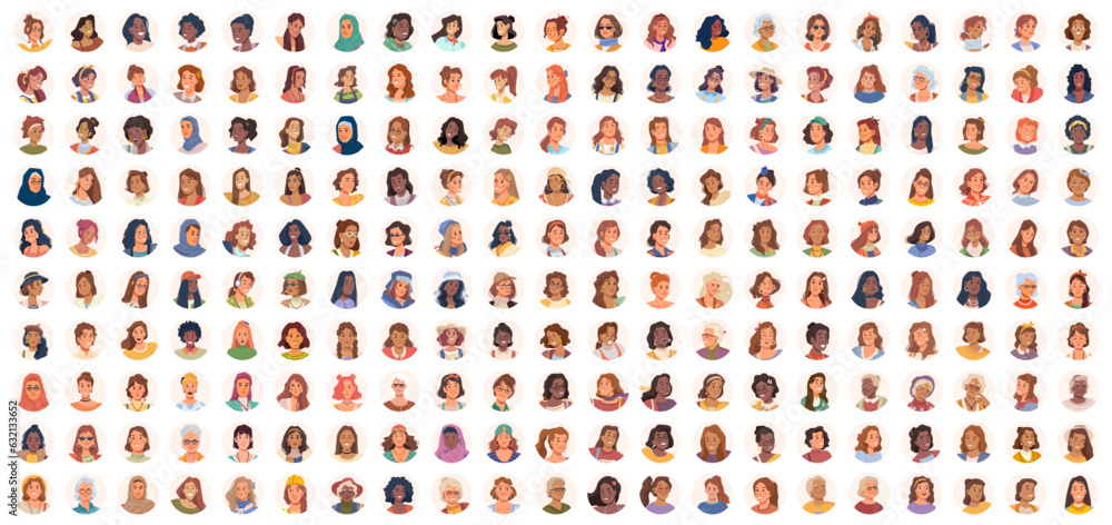 Portrait avatar icon women, big set of female user faces. Girls faces of unknown anonymous person. Happy characters collection, businesswoman. People profile userpics flat cartoon vector illustration - obrazy, fototapety, plakaty 