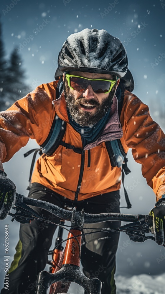 Winter portrait of a cyclist in the snowy season. Generative AI Winter portrait of a cyclist in the snowy season. Generative AI