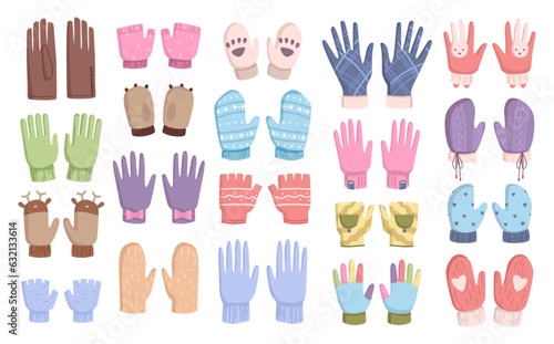 Warm winter gloves and mittens set. Fashionable winter accessories, cute colorful woolen or knitted gloves for cold frosty weather cartoon flat vector illustration. Wintertime clothes