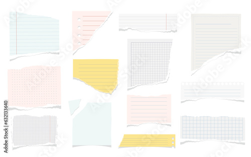 Ripped pieces of paper from notebook or textbook, flat cartoon vector illustration set. Isolated torn paper for writing down info, empty memo or sticky notes notepaper with borders