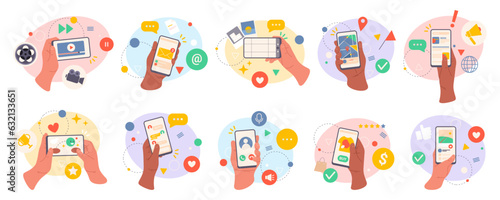 Hands holding smartphones with application for education and entertainment, flat cartoon vector illustration set. Isolated screen with video and schedule calendar, game and gallery