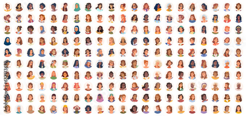 Portrait avatar icon women, big set of female user faces. Girls faces of unknown anonymous person. Happy characters collection, businesswoman. People profile userpics flat cartoon vector illustration photo