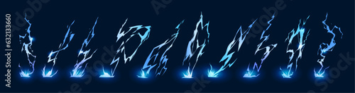 Bolt and lightning realistic thunderbolt, flat cartoon vector illustration set. Bad weather conditions, powerful flash of light, charged with electricity. Bright current in zig zags