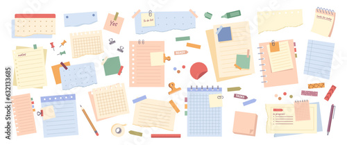 Modern paper notes on stickers vector illustration set. Office notepapers and information board in flat cartoon style. Torn paper sheets form notepad isolated collection of sticky notes