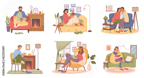 People indoors resting on sofa in warm clothes with hot drink. Vector man and woman rest in armchair, holding cups with tea coffee. Blankets and fireplace, lamp lights, cartoon characters © Sensvector