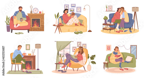 People indoors resting on sofa in warm clothes with hot drink. Vector man and woman rest in armchair, holding cups with tea coffee. Blankets and fireplace, lamp lights, cartoon characters