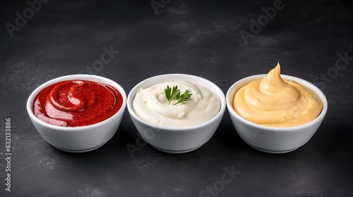 A trio of sauces - mayonnaise, mustard, and ketchup - neatly presented in white ceramic bowls atop a black stone or concrete background. This arrangement is captured from a top-down view.