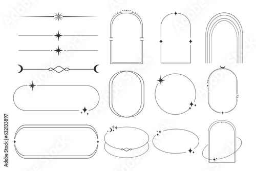 Set celestial frames, borders line art esoteric minimal decoration with sparkles isolated on white background.