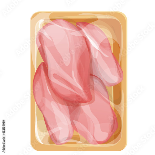 Chicken raw filet in plastic tray, package with poultry in cartoon style isolated on white background. Broiler meat covered 