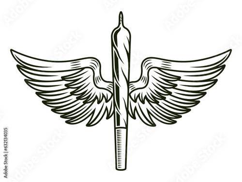 Marijuana rolled joint or cigarette with wings vector object or design element isolated on white background