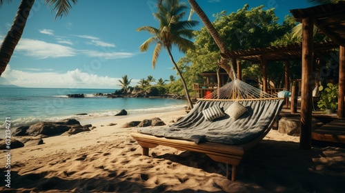 Summer vacation at a luxury beach resort with palm trees and hammock. © 121icons