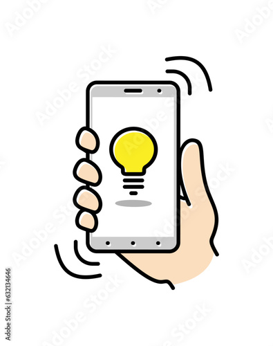 Smartphone on hand. Thin line icon of mobile phone features, settings and apps. Vector linear icon for smartphone. Vector illustration.