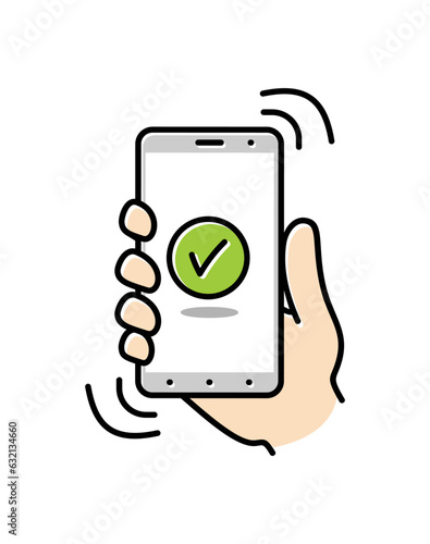Smartphone on hand. Thin line icon of mobile phone features, settings and apps. Vector linear icon for smartphone. Vector illustration.