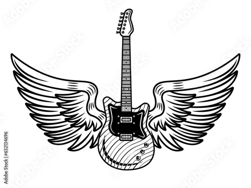 Electric guitar with wings vector illustration in monochrome vintage style isolated on white background