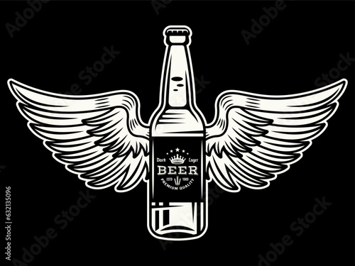 Beer bottle with wings vector illustration in tattoo vintage style on dark background